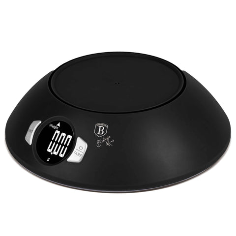 Product image of Kitchen scale with bowl. Part of the Black Vantage Collection/Matte Black Collection/Black Silver Collection . Features: • Material: plastic • LCD display • Capacity: 5 kg • AAA battery included • Accessories: • Measuring cup: 25 ml • Egg separator • Color: matt black. (Conceptual view). Official Berlinger Haus product, boosted by Promintra sl.