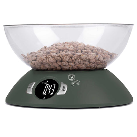 Product image of Kitchen scale with bowl. Part of the Matte Green Collection . Features: • Material: plastic • LCD display • Capacity: 5 kg • AAA battery included • Accessories: • Measuring cup: 25 ml • Egg separator • Color: matt green. (Conceptual view). Official Berlinger Haus product, boosted by Promintra sl.