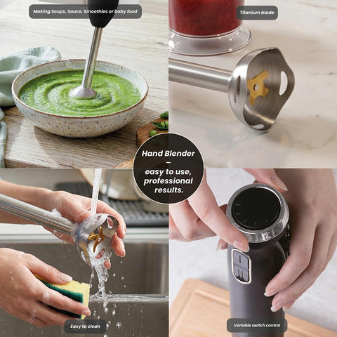 Product image of Hand blender. Part of the Black Vantage Collection/Matte Black Collection/Black Silver Collection/Eternal Collection . Features: • Material: stainless steel, plastic • Voltage: 220-240V 50-60Hz • Power: 800W • Color: matt black. (Studio view). Official Berlinger Haus product, boosted by Promintra sl.