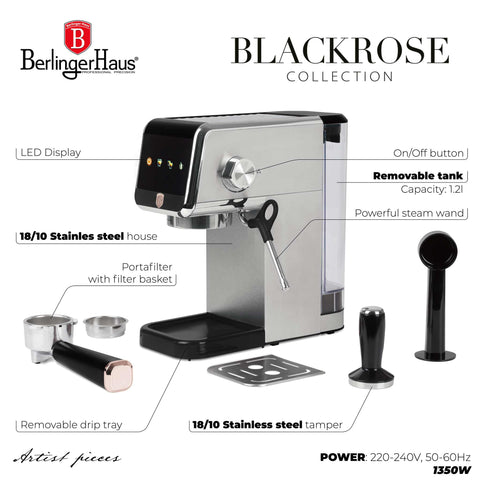 BH/9622, Cafetera digital espresso, Negra, Oro rosa, Cafetera espresso, Eléctrica, Cafetera eléctrica, Cafetera espresso con espumador de leche, Electrodomésticos de cocina, Cafetera