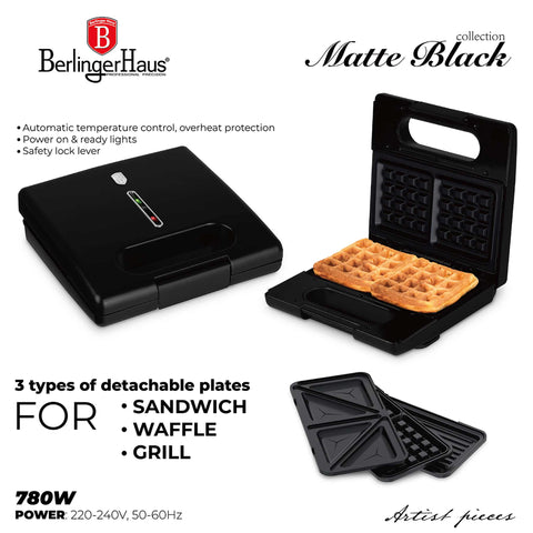 BH/9638, sandwichera 3 en 1 con placas desmontables, negro mate, sandwichera 3 en 1, eléctrica, sandwichera eléctrica, prensa para paninis, panini maker, grill, waflera, multifuncional, electrodomésticos de cocina, sandwichera