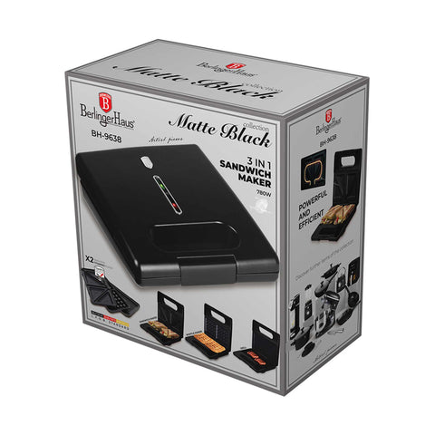 BH/9638, sandwichera 3 en 1 con placas desmontables, negro mate, sandwichera 3 en 1, eléctrica, sandwichera eléctrica, prensa para paninis, panini maker, grill, waflera, multifuncional, electrodomésticos de cocina, sandwichera