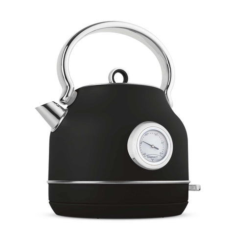Imatge del producte de Bullidor elèctric amb termòmetre. Forma part de la col·lecció Black Vantage/Matte Black/Black Silver/Eternal. Característiques: • Material: acer inoxidable 18/10 • Capacitat: 1,7 L • Voltatge: 220-240 V, 50/60 Hz • Potència: 2200 W • Longitud del cable d'alimentació: 75 cm • Color: negre mat. (Vista d'estudi). Producte oficial de Berlinger, impulsat per Promintra sl.