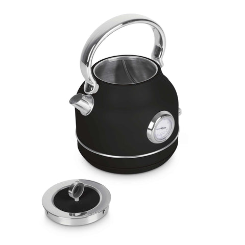 Imatge del producte de Bullidor elèctric amb termòmetre. Forma part de la col·lecció Black Vantage/Matte Black/Black Silver/Eternal. Característiques: • Material: acer inoxidable 18/10 • Capacitat: 1,7 L • Voltatge: 220-240 V, 50/60 Hz • Potència: 2200 W • Longitud del cable d'alimentació: 75 cm • Color: negre mat. (Vista d'estudi). Producte oficial de Berlinger, impulsat per Promintra sl.