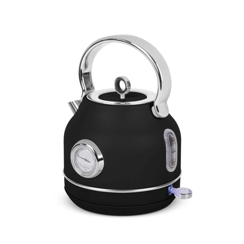 Imatge del producte de Bullidor elèctric amb termòmetre. Forma part de la col·lecció Black Vantage/Matte Black/Black Silver/Eternal. Característiques: • Material: acer inoxidable 18/10 • Capacitat: 1,7 L • Voltatge: 220-240 V, 50/60 Hz • Potència: 2200 W • Longitud del cable d'alimentació: 75 cm • Color: negre mat. (Vista d'estudi). Producte oficial de Berlinger, impulsat per Promintra sl.