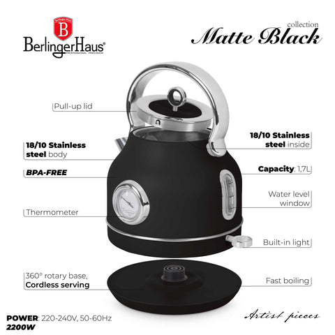 Imatge del producte de Bullidor elèctric amb termòmetre. Forma part de la col·lecció Black Vantage/Matte Black/Black Silver/Eternal. Característiques: • Material: acer inoxidable 18/10 • Capacitat: 1,7 L • Voltatge: 220-240 V, 50/60 Hz • Potència: 2200 W • Longitud del cable d'alimentació: 75 cm • Color: negre mat. (Vista d'estudi). Producte oficial de Berlinger, impulsat per Promintra sl.