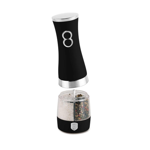 Product image of 2in1 electric pepper and salt mill. Part of the Black Vantage Collection/Matte Black Collection/Black Silver Collection . Features: • Material: stainless steel with CERAMIC grinder • Batteries: 4 pcs AA (not inc.) • Color: matt black. (Conceptual view). Official Berlinger Haus product, boosted by Promintra sl.
