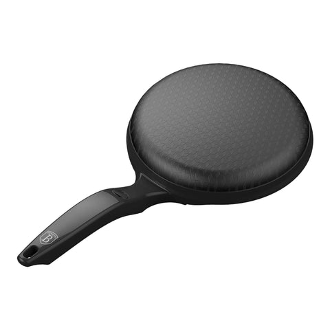 Product image of Electric pancake maker. Part of the Black Vantage Collection/Matte Black Collection/Black Silver Collection . Features: • Material: aluminium with non-stick coating • 220-240V,50/60Hz, 600 W • Diameter: 20 cm • Accessory: plastic plate (white) • Color: black. (Studio view). Official Berlinger Haus product, boosted by Promintra sl.