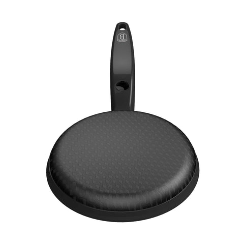 Product image of Electric pancake maker. Part of the Black Vantage Collection/Matte Black Collection/Black Silver Collection . Features: • Material: aluminium with non-stick coating • 220-240V,50/60Hz, 600 W • Diameter: 20 cm • Accessory: plastic plate (white) • Color: black. (Studio view). Official Berlinger Haus product, boosted by Promintra sl.