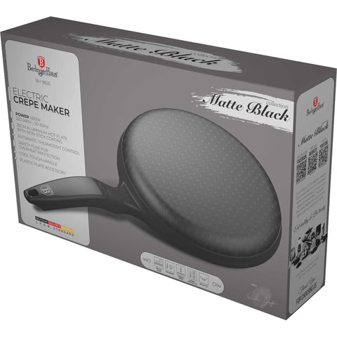 Product image of Electric pancake maker. Part of the Black Vantage Collection/Matte Black Collection/Black Silver Collection . Features: • Material: aluminium with non-stick coating • 220-240V,50/60Hz, 600 W • Diameter: 20 cm • Accessory: plastic plate (white) • Color: black. (Studio view). Official Berlinger Haus product, boosted by Promintra sl.