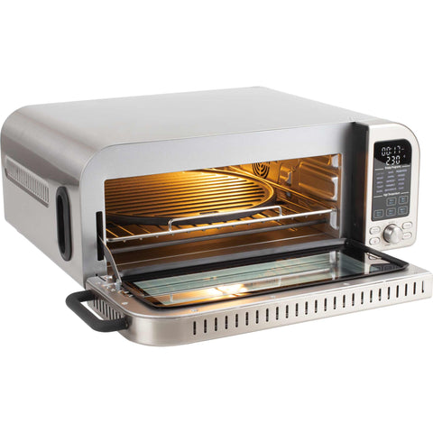 Product image of Pizza oven. Part of the Black Vantage Collection/Matte Black Collection/Black Silver Collection/Eternal Collection . Features: • Power: 2000W • Voltage: 220-240 V • Capacity: 18 L (12" pizza) • 6 accessories: • Oven rack • Aluminium bottom tray • Chrome air fry basket • Dou.... (Studio view). Official Berlinger Haus product, boosted by Promintra sl.
