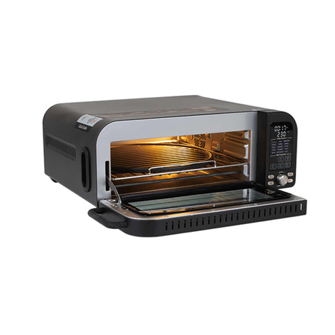 Product image of Pizza oven. Part of the Black Rose Collection . Features: • Power: 2000W • Voltage: 220-240 V • Capacity: 18 L (12" pizza) • 6 accessories: • Oven rack • Aluminium bottom tray • Chrome air fry basket • Dou.... (Studio view). Official Berlinger Haus product, boosted by Promintra sl.