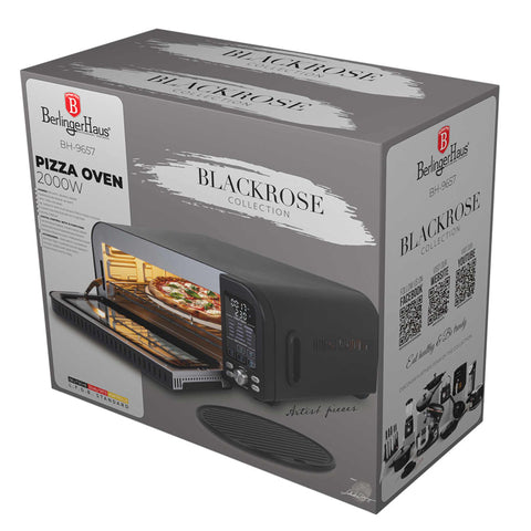 Product image of Pizza oven. Part of the Black Rose Collection . Features: • Power: 2000W • Voltage: 220-240 V • Capacity: 18 L (12" pizza) • 6 accessories: • Oven rack • Aluminium bottom tray • Chrome air fry basket • Dou.... (Studio view). Official Berlinger Haus product, boosted by Promintra sl.