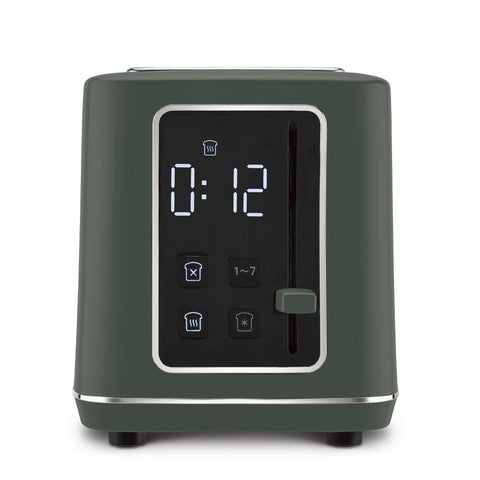Product image of Digital toaster. Part of the Matte Green Collection . Features: • Material: stainless steel with plastic housing • 220-240V 50/60 Hz 870W • Size: 27,8*16,6*19,1 cm • Length of power cord: 75 cm • Color: matt green. (Studio view). Official Berlinger Haus product, boosted by Promintra sl.