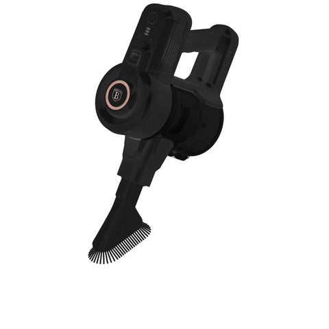 Imatge del producte d'aspiradora. Part de la col·lecció Black Rose. Característiques: • Voltatge: 22,2 V (bateria Li-ION) • 140 W • Succió potent de 12 kpa • Accessoris: • Raspall 2 en 1 amb llums LED • Boquilla llarga per a esquerdes • Raspall per a sofàs... (Vista d'estudi). Producte oficial de Berlinger, impulsat per Promintra sl.