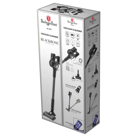 Imatge del producte d'aspiradora. Part de la col·lecció Black Rose. Característiques: • Voltatge: 22,2 V (bateria Li-ION) • 140 W • Succió potent de 12 kpa • Accessoris: • Raspall 2 en 1 amb llums LED • Boquilla llarga per a esquerdes • Raspall per a sofàs... (Vista d'estudi). Producte oficial de Berlinger, impulsat per Promintra sl.