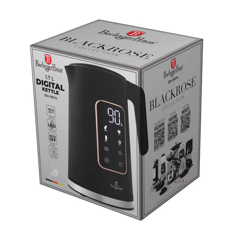 Product image of Digital electric kettle. Part of the Black Rose Collection . Features: • Material: 18/10 stainless steel inside, plastic • Capacity: 1,7L • Voltage: 220-240V,50/60Hz • Power: 2200W • Length of power cord: 70-75 cm • Co.... (Studio view). Official Berlinger Haus product, boosted by Promintra sl.