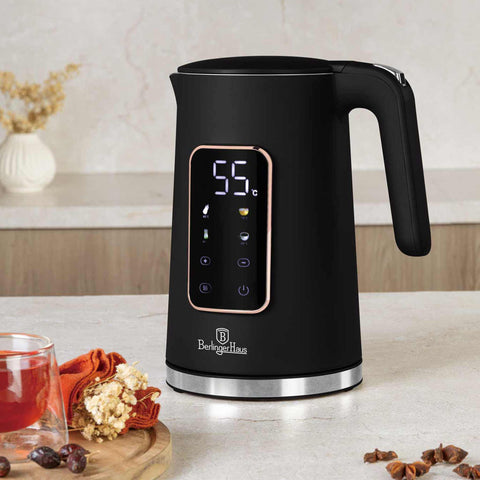 Product image of Digital electric kettle. Part of the Black Rose Collection . Features: • Material: 18/10 stainless steel inside, plastic • Capacity: 1,7L • Voltage: 220-240V,50/60Hz • Power: 2200W • Length of power cord: 70-75 cm • Co.... (Studio view). Official Berlinger Haus product, boosted by Promintra sl.