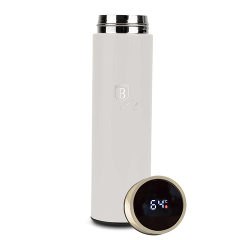 Product image of Drinking bottle with LED temperature display 0,5L. Part of the Sahara Collection . Features: • Material: inner body 18/10 stainless steel with matt powder coating • Capacity: 0,5 L • 18/10 stainless steel purifying filter • Color: matt crea.... (Studio view). Official Berlinger Haus product, boosted by Promintra sl.