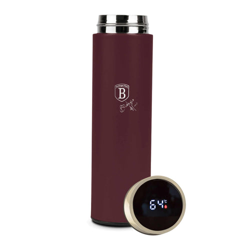 Product image of Drinking bottle with LED temperature display 0,5L. Part of the Leonardo Collection . Features: • Material: inner body 18/10 stainless steel with matt powder coating • Capacity: 0,5 L • 18/10 stainless steel purifying filter • Color: matt bord.... (Studio view). Official Berlinger Haus product, boosted by Promintra sl.