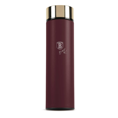 Product image of Drinking bottle with LED temperature display 0,5L. Part of the Leonardo Collection . Features: • Material: inner body 18/10 stainless steel with matt powder coating • Capacity: 0,5 L • 18/10 stainless steel purifying filter • Color: matt bord.... (Studio view). Official Berlinger Haus product, boosted by Promintra sl.
