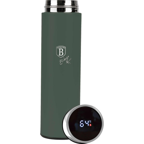 Product image of Drinking bottle with LED temperature display 0,5L. Part of the Matte Green Collection . Features: • Material: inner body 18/10 stainless steel with matt powder coating • Capacity: 0,5 L • 18/10 stainless steel purifying filter • Color: matt gree.... (Studio view). Official Berlinger Haus product, boosted by Promintra sl.