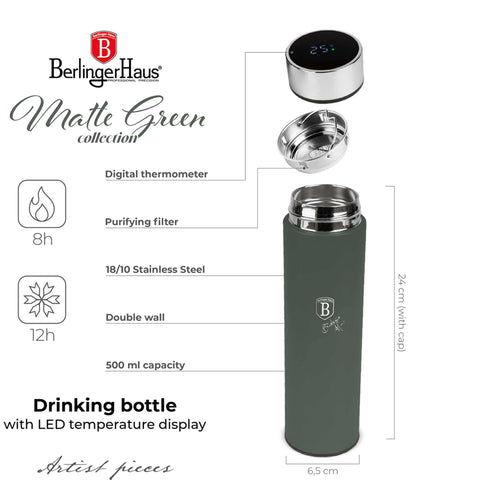 Product image of Drinking bottle with LED temperature display 0,5L. Part of the Matte Green Collection . Features: • Material: inner body 18/10 stainless steel with matt powder coating • Capacity: 0,5 L • 18/10 stainless steel purifying filter • Color: matt gree.... (Studio view). Official Berlinger Haus product, boosted by Promintra sl.