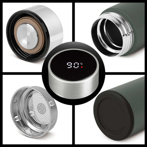 Product image of Drinking bottle with LED temperature display 0,5L. Part of the Matte Green Collection . Features: • Material: inner body 18/10 stainless steel with matt powder coating • Capacity: 0,5 L • 18/10 stainless steel purifying filter • Color: matt gree.... (Studio view). Official Berlinger Haus product, boosted by Promintra sl.