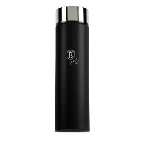 Product image of Drinking bottle with LED temperature display 0,5L. Part of the Matte Black Collection . Features: • Material: inner body 18/10 stainless steel with matt powder coating • Capacity: 0,5 L • 18/10 stainless steel purifying filter • Color: black- si.... (Studio view). Official Berlinger Haus product, boosted by Promintra sl.