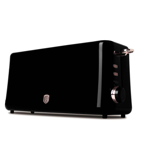 Product image of Toaster. Part of the Black Rose Collection . Features: • Material: aluminimum, plastic • 220-240V 50/60 Hz 980W • Length of power cord: 80 cm • Color: black- rose gold. (Studio view). Official Berlinger Haus product, boosted by Promintra sl.