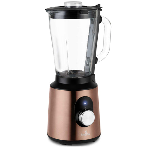 Product image of Table blender with 1,5L GLASS jar 1000W. Part of the Metallic Line Rose Gold Edition . Features: • Material: stainless steel, glass, plastic • Power: 1000 W • Voltage: 220-240V, 50-60 Hz • 1,5 L glass jar with double safety lock system (both on.... (Studio view). Official Berlinger Haus product, boosted by Promintra sl.
