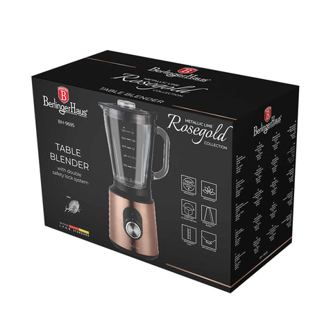 Product image of Table blender with 1,5L GLASS jar 1000W. Part of the Metallic Line Rose Gold Edition . Features: • Material: stainless steel, glass, plastic • Power: 1000 W • Voltage: 220-240V, 50-60 Hz • 1,5 L glass jar with double safety lock system (both on.... (Studio view). Official Berlinger Haus product, boosted by Promintra sl.