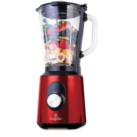 Imatge del producte de batedora de taula amb recipient de VIDRE d'1,5 L i 1000 W. Forma part de l'edició Metallic Line Burgundy. Característiques: • Material: acer inoxidable, vidre, plàstic • Potència: 1000 W • Voltatge: 220-240 V, 50-60 Hz • Recipient de vidre d'1,5 L amb doble sistema de bloqueig de seguretat (ambdós en...). (Vista d'estudi) per a la marca oficial de Berlinger Haus.