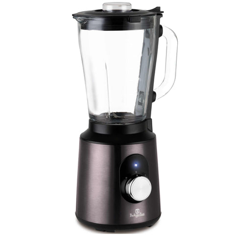 Imatge del producte de la batedora de taula amb recipient de VIDRE d'1,5 L i 1000 W. Forma part de la Metallic Line Carbon Pro Edition. Característiques: • Material: acer inoxidable, vidre, plàstic • Potència: 1000 W • Voltatge: 220-240 V, 50-60 Hz • Recipient de vidre d'1,5 L amb doble sistema de bloqueig de seguretat (ambdós en...). (Vista d'estudi) per a la marca oficial de Berlinger Haus.