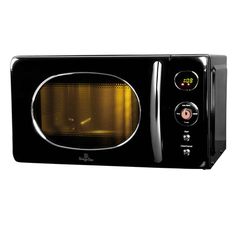 Product image of Digital microwave oven 20L. Part of the Black Rose Collection . Features: • Input power: 1200W/ 2450 MHz • Output power: 800W • Capacity: 20L • Glass plate: Ø24,5 cm • Size: 26,2*45,2*38,6 cm • Color: black- rose gold. (Studio view). Official Berlinger Haus product, boosted by Promintra sl.