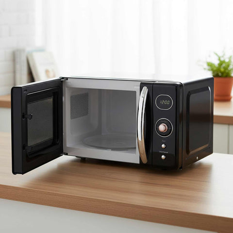Product image of Digital microwave oven 20L. Part of the Black Rose Collection . Features: • Input power: 1200W/ 2450 MHz • Output power: 800W • Capacity: 20L • Glass plate: Ø24,5 cm • Size: 26,2*45,2*38,6 cm • Color: black- rose gold. (Studio view). Official Berlinger Haus product, boosted by Promintra sl.