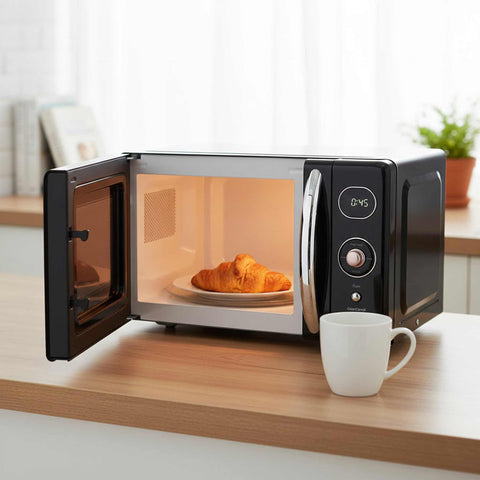 Product image of Digital microwave oven 20L. Part of the Black Rose Collection . Features: • Input power: 1200W/ 2450 MHz • Output power: 800W • Capacity: 20L • Glass plate: Ø24,5 cm • Size: 26,2*45,2*38,6 cm • Color: black- rose gold. (Studio view). Official Berlinger Haus product, boosted by Promintra sl.