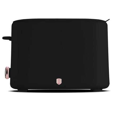 Product image of Toaster with cover. Part of the Black Rose Collection . Features: • Material: stainless steel with plastic housing • 220-240V 50/60 Hz 750W • Color: black- rose gold. (Studio view). Official Berlinger Haus product, boosted by Promintra sl.