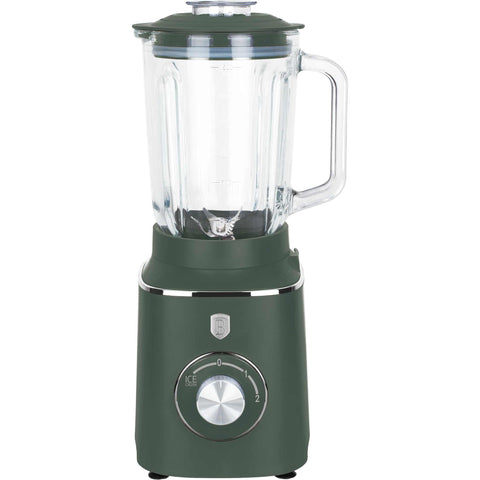 Product image of Table blender with 1,5L GLASS jar 1000W. Part of the Matte Green Collection . Features: • Material: plastic, glass • Power: 1000 W • Voltage: 220-240V, 50-60 Hz • 1,5 L glass jar • Color: matt green. (Studio view). Official Berlinger Haus product, boosted by Promintra sl.