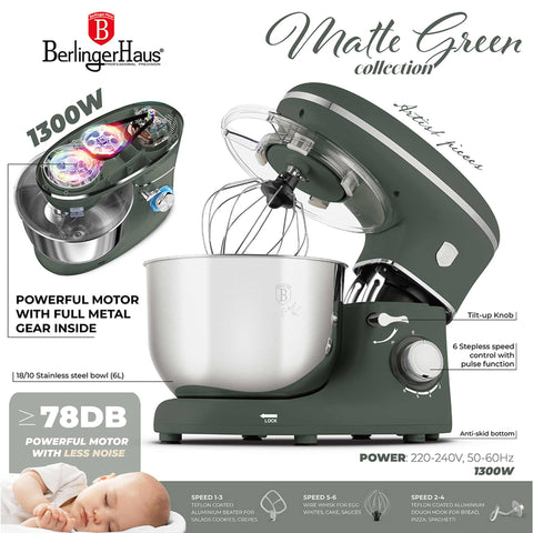 Imatge del producte de robot de cuina. Part de la col·lecció Matte Green. Característiques: • Material: acer inoxidable, plàstic • 1300 W, 220-240V, 50/60 Hz • Inclou: • Bol d'acer inoxidable 18/10 de 6L • Ganxo per a massa antiadherent • Bol antiadherent... (Vista d'estudi). Producte oficial de Berlinger, impulsat per Promintra sl.