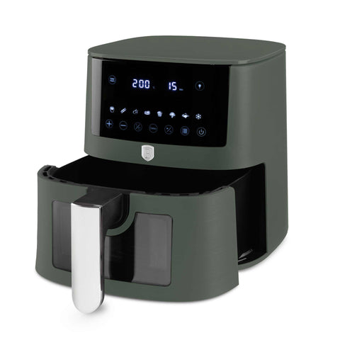 Product image of Air fryer 5L visible window. Part of the Matte Green Collection . Features: • Power: 220-240V ~ 1400W • Temperature control: 40-200℃ • Include: • XL SIZE: food basket with non-stick coating 5L • DIGITAL • Color: matt green. (Studio view). Official Berlinger Haus product, boosted by Promintra sl.