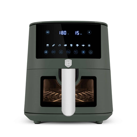 Product image of Air fryer 5L visible window. Part of the Matte Green Collection . Features: • Power: 220-240V ~ 1400W • Temperature control: 40-200℃ • Include: • XL SIZE: food basket with non-stick coating 5L • DIGITAL • Color: matt green. (Studio view). Official Berlinger Haus product, boosted by Promintra sl.