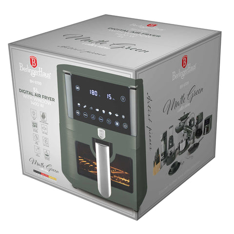 Imagem do produto: Fritadeira a ar de 5L com visor. Parte da Coleção Verde Fosco. Características: • Potência: 220-240V ~ 1400W • Controle de temperatura: 40-200℃ • Inclui: • TAMANHO XL: cesto para alimentos com revestimento antiaderente de 5L • DIGITAL • Cor: verde fosco. (Imagem de estúdio). Produto oficial Berlinger Haus, com o apoio da Promintra sl.
