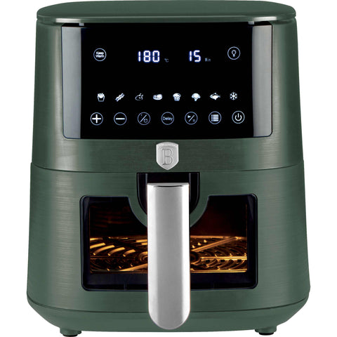 Product image of Air fryer 8L visible window. Part of the Matte Green Collection . Features: • Power: 220-240V ~ 50/60Hz 1650W • Temperature control: 40-200℃ • XXXL SIZE: Food basket with non-stick coating 8L • DIGITAL • Size: 38,8*30*32,4 .... (Studio view). Official Berlinger Haus product, boosted by Promintra sl.