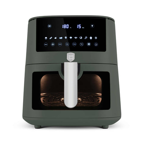 Product image of Air fryer 8L visible window. Part of the Matte Green Collection . Features: • Power: 220-240V ~ 50/60Hz 1650W • Temperature control: 40-200℃ • XXXL SIZE: Food basket with non-stick coating 8L • DIGITAL • Size: 38,8*30*32,4 .... (Studio view). Official Berlinger Haus product, boosted by Promintra sl.
