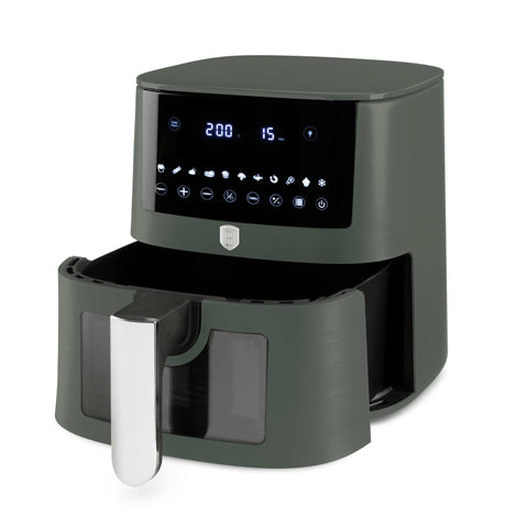 Product image of Air fryer 8L visible window. Part of the Matte Green Collection . Features: • Power: 220-240V ~ 50/60Hz 1650W • Temperature control: 40-200℃ • XXXL SIZE: Food basket with non-stick coating 8L • DIGITAL • Size: 38,8*30*32,4 .... (Studio view). Official Berlinger Haus product, boosted by Promintra sl.