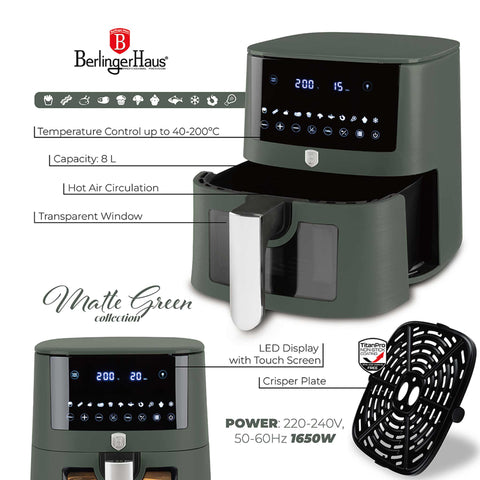 Product image of Air fryer 8L visible window. Part of the Matte Green Collection . Features: • Power: 220-240V ~ 50/60Hz 1650W • Temperature control: 40-200℃ • XXXL SIZE: Food basket with non-stick coating 8L • DIGITAL • Size: 38,8*30*32,4 .... (Studio view). Official Berlinger Haus product, boosted by Promintra sl.