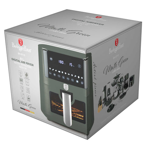 Product image of Air fryer 8L visible window. Part of the Matte Green Collection . Features: • Power: 220-240V ~ 50/60Hz 1650W • Temperature control: 40-200℃ • XXXL SIZE: Food basket with non-stick coating 8L • DIGITAL • Size: 38,8*30*32,4 .... (Studio view). Official Berlinger Haus product, boosted by Promintra sl.
