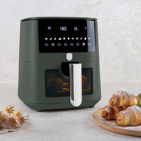 Product image of Air fryer 8L visible window. Part of the Matte Green Collection . Features: • Power: 220-240V ~ 50/60Hz 1650W • Temperature control: 40-200℃ • XXXL SIZE: Food basket with non-stick coating 8L • DIGITAL • Size: 38,8*30*32,4 .... (Studio view). Official Berlinger Haus product, boosted by Promintra sl.