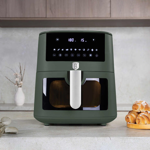 Product image of Air fryer 8L visible window. Part of the Matte Green Collection . Features: • Power: 220-240V ~ 50/60Hz 1650W • Temperature control: 40-200℃ • XXXL SIZE: Food basket with non-stick coating 8L • DIGITAL • Size: 38,8*30*32,4 .... (Studio view). Official Berlinger Haus product, boosted by Promintra sl.